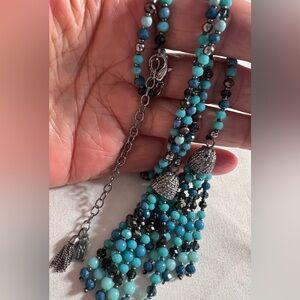 Lane Bryant Turquoise & Black Glass Beaded Tassles 72" Total Length Tie Necklace